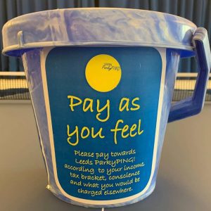 Picture of pot used for Leeds session participants to "pay as you feel"